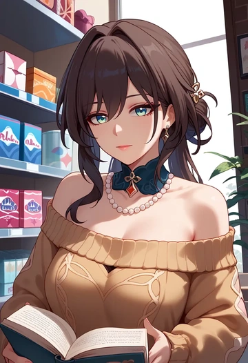 star rail,ruan mei,sweater,off-shoulder,collar  - AI generated anime art